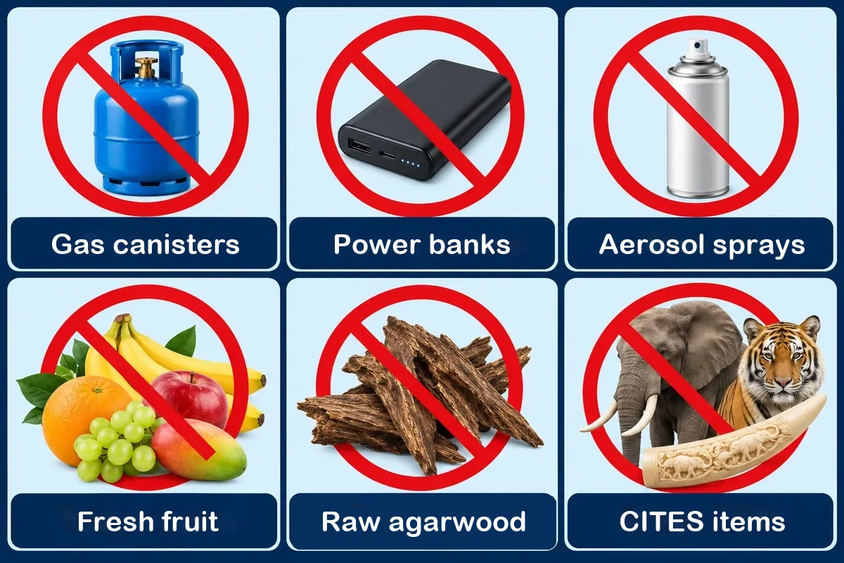 Items that cannot be sent to the USA: gas canisters, power banks, aerosol sprays, fresh produce, raw agarwood