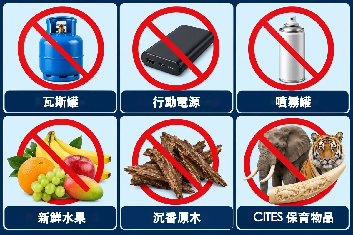 不能寄到美國的物品:瓦斯罐、行動電源、噴霧罐、生鮮食品、沉香原木