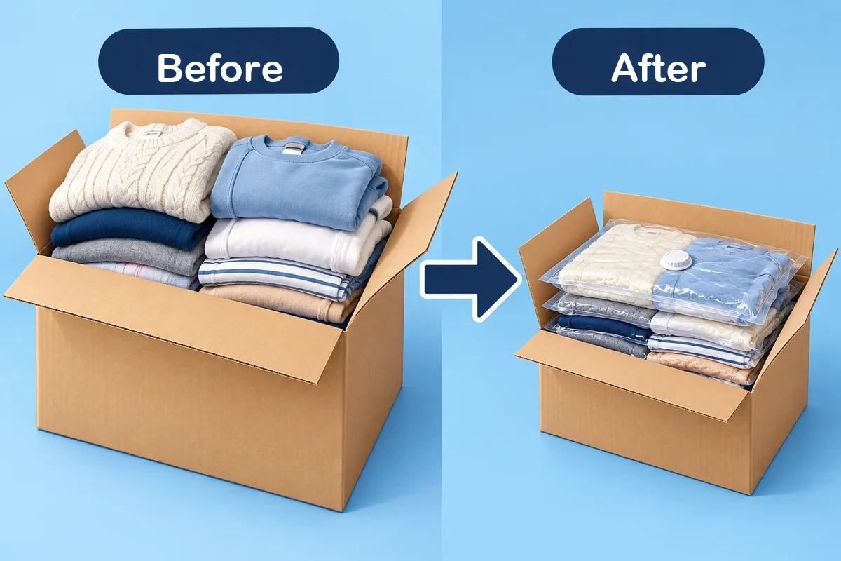 A box of clothes before and after vacuum-sealing for shipping to the USA