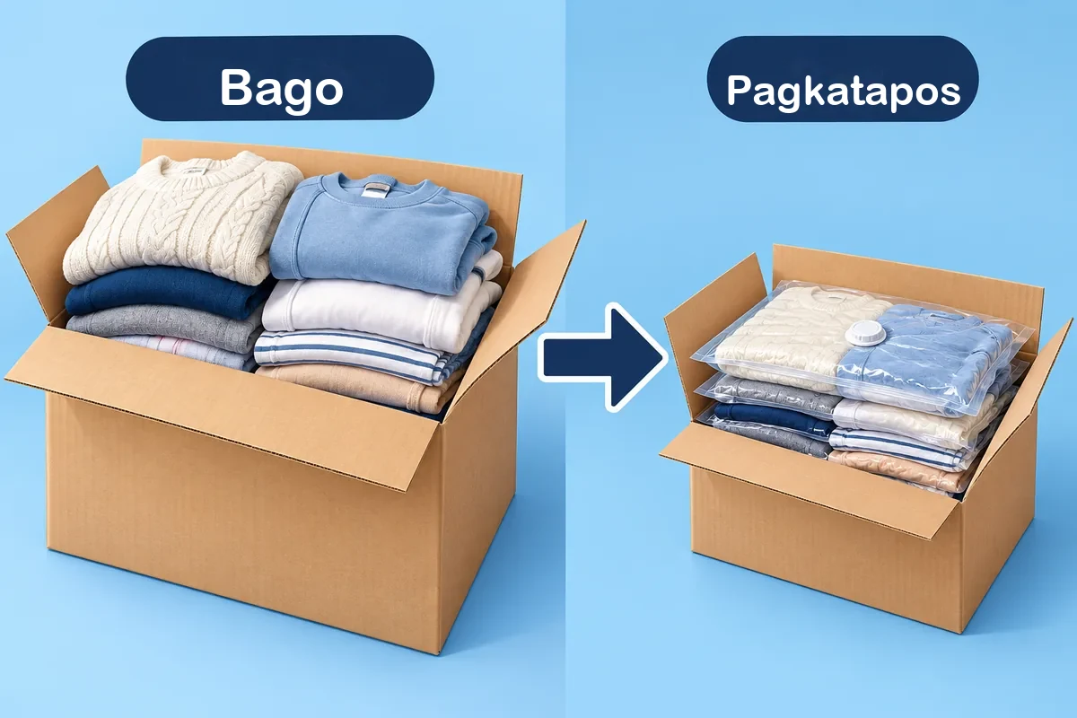 Paghahambing ng kahon ng damit bago at pagkatapos i-vacuum pack bago ipadala sa Amerika