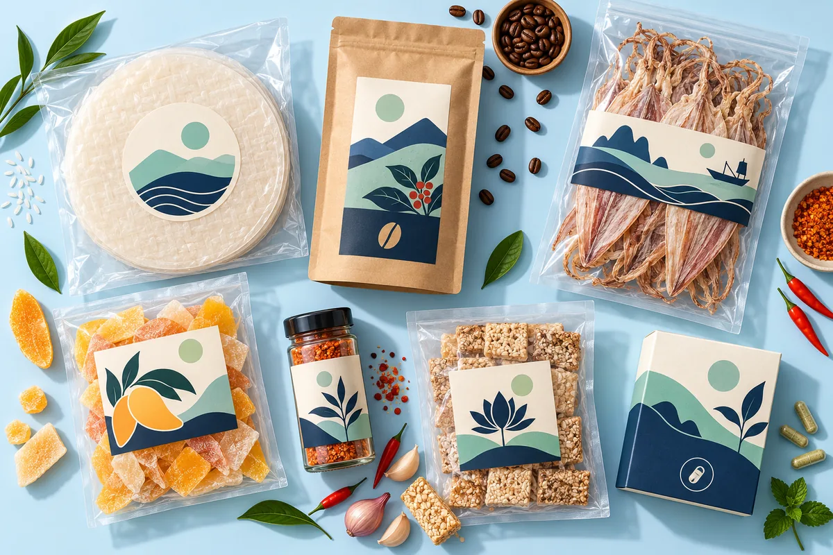 Các món đồ khô gửi được đi Mỹ: bánh tráng, cà phê, khô mực, gia vị, bánh kẹo